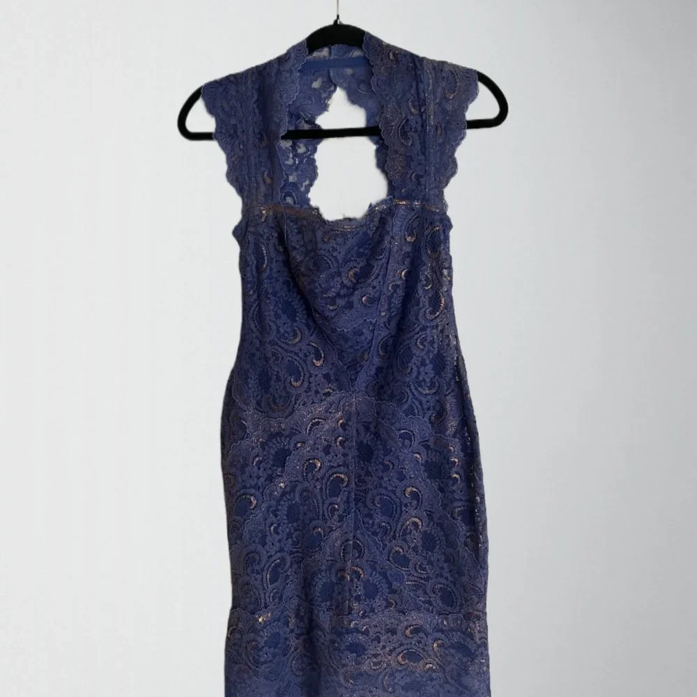 Nicole Miller Eva Lace Dress Indigo Shimmer size Small - Picture 2 of 10